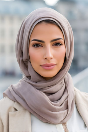 Young woman in hijab looking at camera with a gentle smile in an urban settingの素材