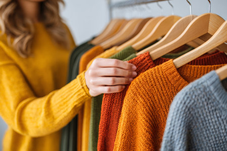 Woman's hand selecting cozy knitted sweater from a clothing rack in a shopの素材