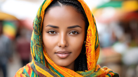 Young african woman featuring traditional attire and serene expression outdoorsの素材