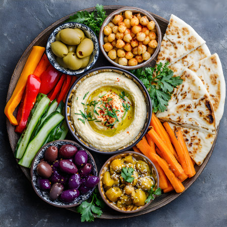 Serving a vibrant meze platter featuring hummus, assorted olives, roasted chickpeas, fresh vegetables, and pita breadの素材