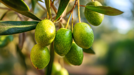 Green olives developing in sunlight, hanging from an olive branchの素材