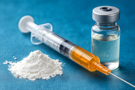 Syringe with drug, white powder, and a vial on a blue background, symbolizing addictionの素材