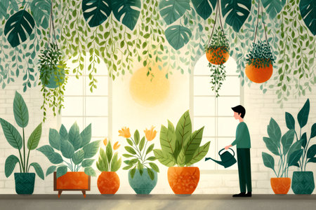 Person caring for a collection of potted plants and hanging greenery in a bright sunroomの素材