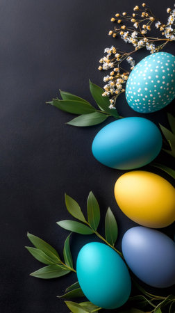 Easter eggs in various colors decorating a dark background with green leaves and small flowersの素材