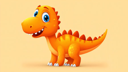 Cute orange baby dinosaur smiling and happy, standing on solid backgroundの素材
