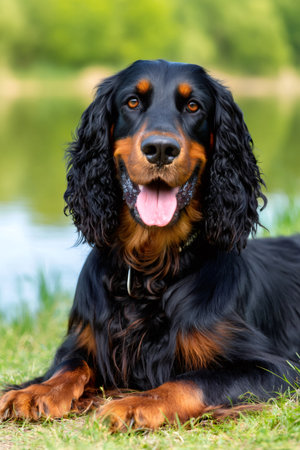 Gordon setter dog lying on green grass next to a lake, pantingの素材