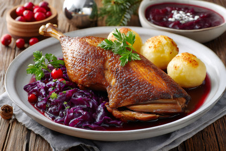 Festive roasted duck leg serving with red cabbage, cranberry sauce, and potato dumplingsの素材