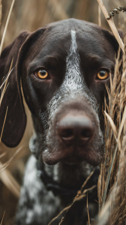 Pointer dog watching attentively from a field, stalking prey in autumnの素材
