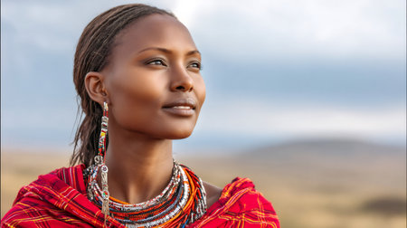 African Maasai woman smiling, dressed in traditional red shuka and ornate necklaceの素材
