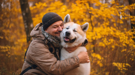 Man embracing his smiling Akita inu dog during a walk in a vibrant autumn forestの素材