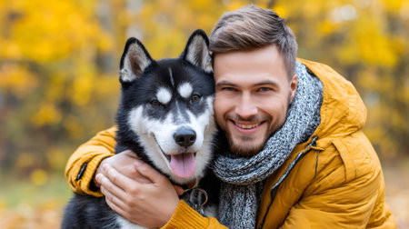 Man smiling while hugging his husky dog outdoors during an autumn dayの素材