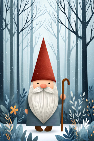 Gnome with a long white beard and a walking stick standing in a snowy forestの素材
