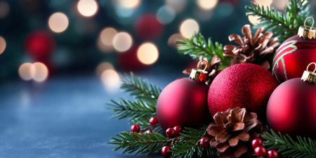 Christmas baubles, pine needles, and pine cones forming a festive decoration with bokeh lightsの素材