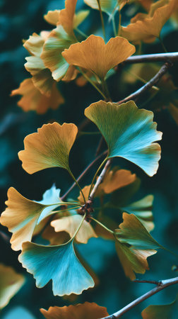 Ginkgo leaves displaying contrasting autumn teal and orange hues on a branchの素材
