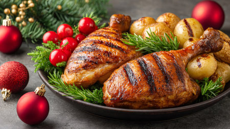 Platter presenting roasted chicken legs, small potatoes, and fresh rosemary with Christmas decorationsの素材