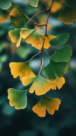 Ginkgo leaves transition from green to yellow on a branch in autumnの素材