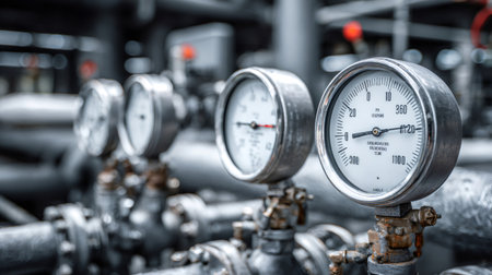 Pressure gauges show values on piping at a modern industrial heat and power plantの素材