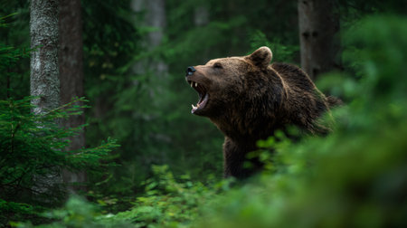Brown bear showcasing natural aggression by roaring loudly in a dark green forestの素材
