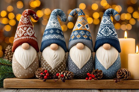 Four festive gnomes standing on a wooden surface with burning candles and decorative elementsの素材