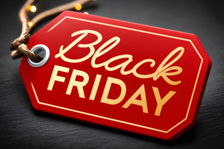 Red black friday tag with golden letters promoting shopping saleの素材