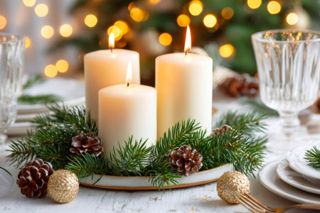Elegant Christmas table setting featuring lit candles and festive pine decorationsの素材