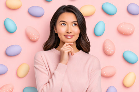 Asian woman smiling, holding chin, thinking about colorful pastel easter eggsの素材