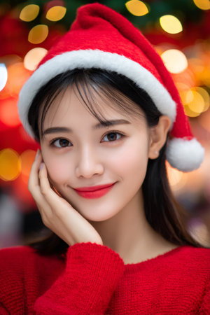 Asian woman smiling, wearing a santa hat and red sweater during Christmas holidaysの素材