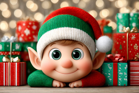 Cute christmas elf character smiling cheerfully surrounded by festive wrapped presentsの素材