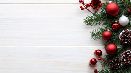 Fir branch with red and white ornaments, pine cones, and berries on a white wood backdropの素材