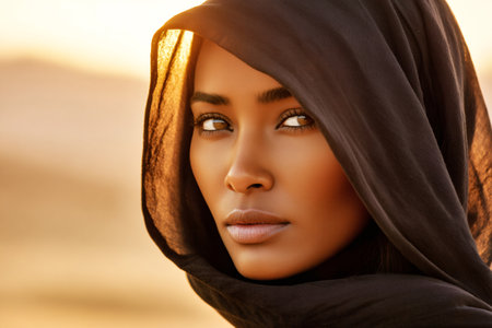 Woman wearing traditional headscarf in the desert during golden hourの素材