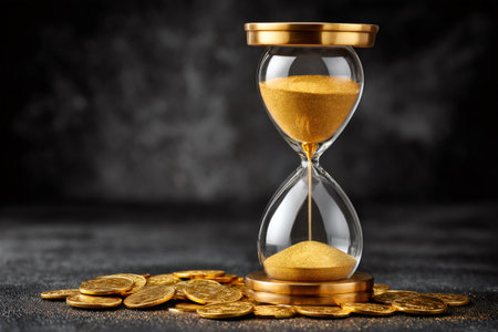 Hourglass with gold sand measuring time, surrounded by golden coins on a dark backgroundの素材