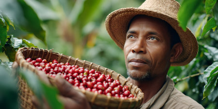 Farmer in straw hat harvesting ripe red coffee cherries in a lush plantationの素材