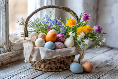 Rustic basket holding speckled eggs, daffodils, tulips, and other blooming spring flowersの素材
