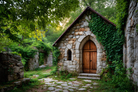 Stone chapel house standing in tranquil forest with old ruins and climbing ivyの素材