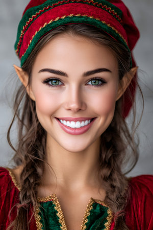 Christmas elf woman smiling for a portrait, wearing a festive red and green costumeの素材