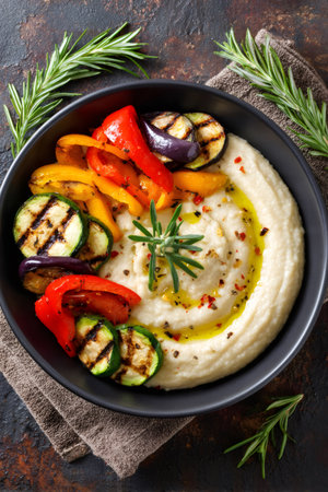 Creamy hummus topped with charred zucchini, eggplant, and bell peppers, drizzled with olive oilの素材