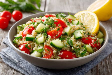 Healthy quinoa salad with cucumber, tomato, and parsley in a gray bowlの素材