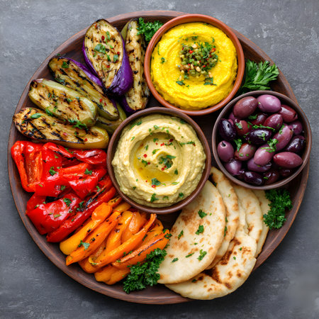 Traditional mediterranean meze platter serving various dips, grilled vegetables, olives, and flatbreadの素材