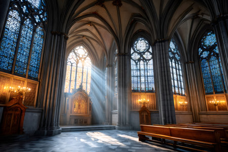Sunlight beams streaming through stained glass illuminating the solemn interior of a grand cathedralの素材
