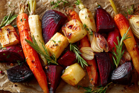 Assortment of roasted carrots, beets, parsnips, and onions seasoned with herbs on baking paperの素材