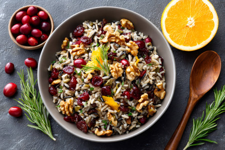 Wild rice salad served in a bowl with fresh cranberries, orange, and rosemaryの素材