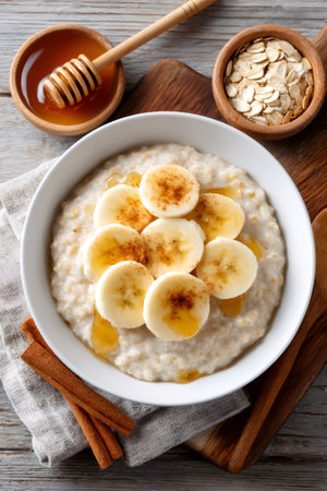 Oatmeal served in a white bowl with sliced banana, drizzled honey, and sprinkled cinnamon, preparing a healthy mealの素材