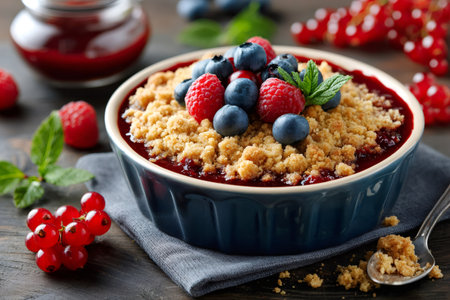 Warm berry crumble dessert topped with red raspberries and blue blueberries, garnished with mintの素材