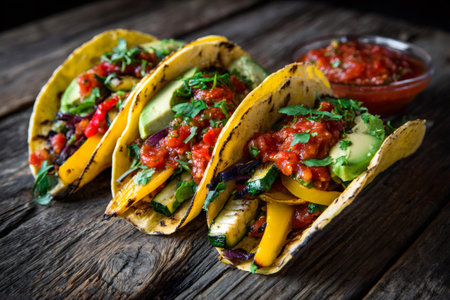 Fresh vegetarian tacos filled with grilled vegetables, avocado, and salsa on a rustic wooden backgroundの素材