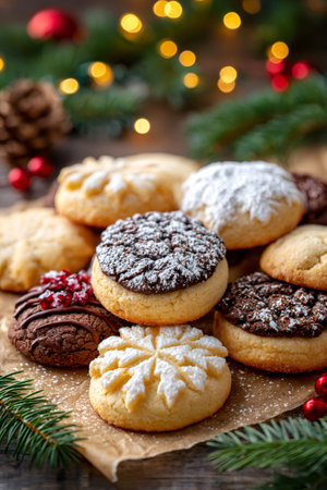 Christmas cookies arranged on baking paper with holiday decorations and bokeh lightsの素材