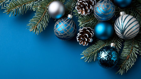 Christmas tree branch decorated with blue baubles and natural pine cones on a blue backgroundの素材
