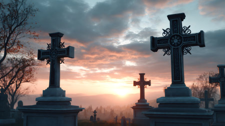 Cemetery gravestones standing against a dramatic sunset sky at dusk or dawnの素材