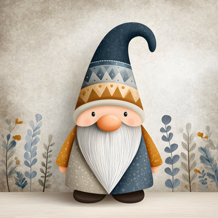 Cartoon gnome standing against a textured background with stylized plantsの素材