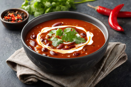Hearty chili con carne soup served with fresh cilantro and sour creamの素材
