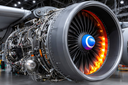 Jet engine illuminating while running at a hangar, showing advanced aerospace technology and engineeringの素材